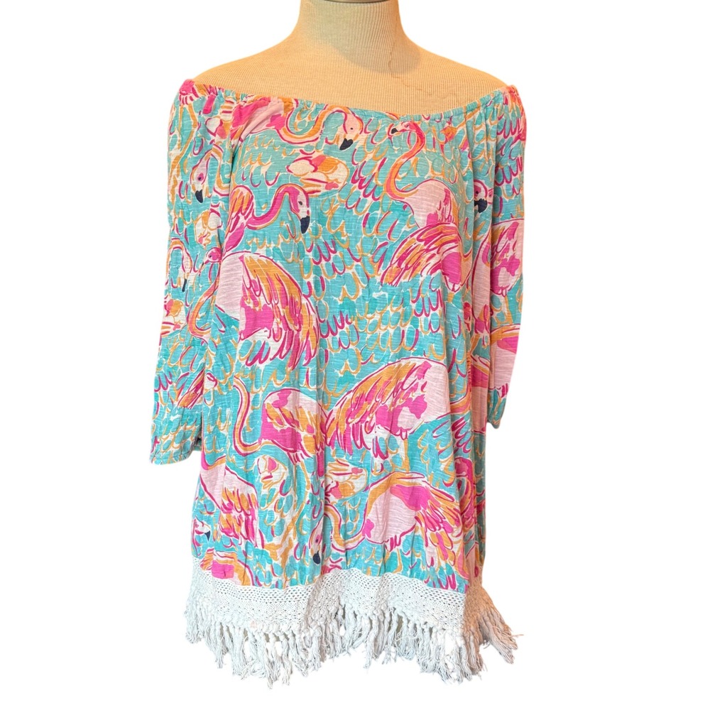Lilly Pulitzer Flamingo Print Tassel Hem Tunic Top Small‎ Off Shoulder Cotton